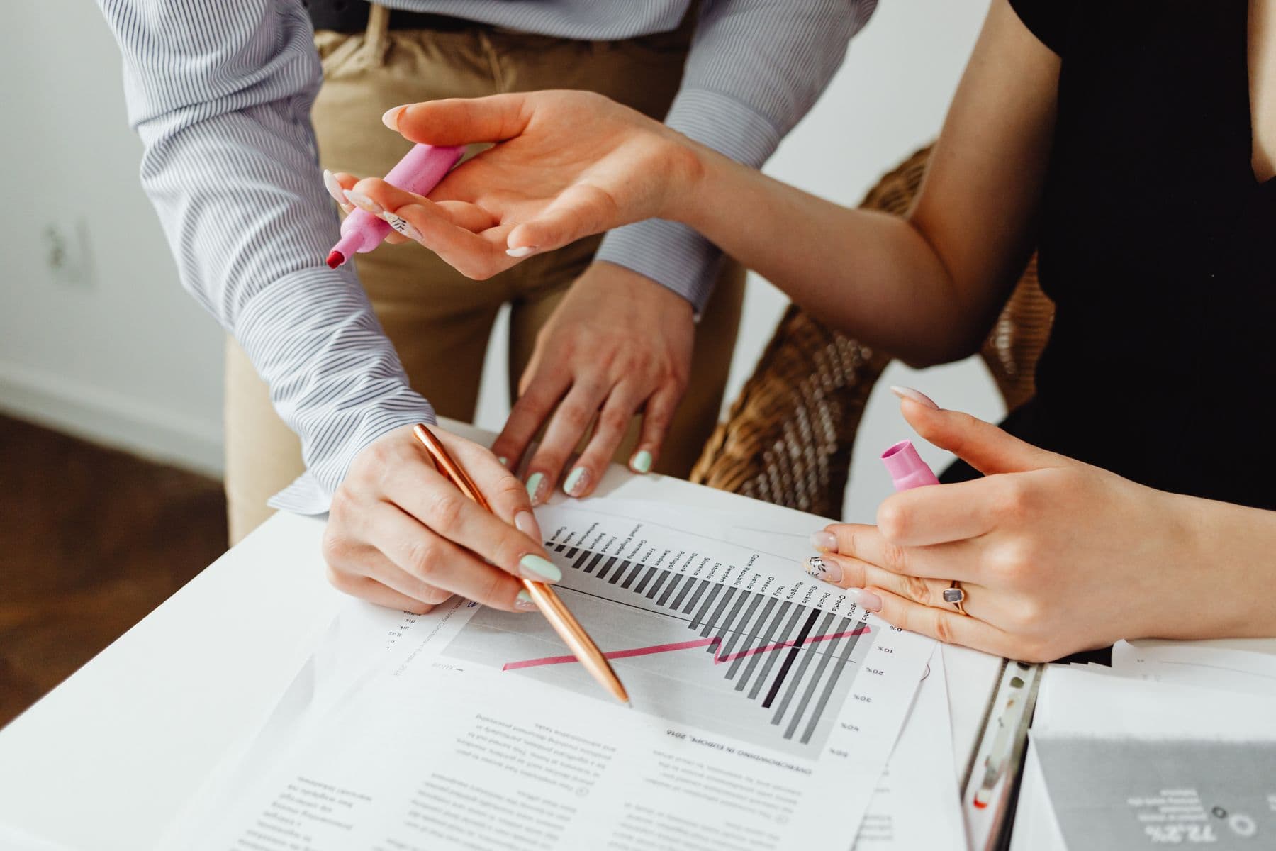 Team members reviewing a diagram together during a working session in an office.